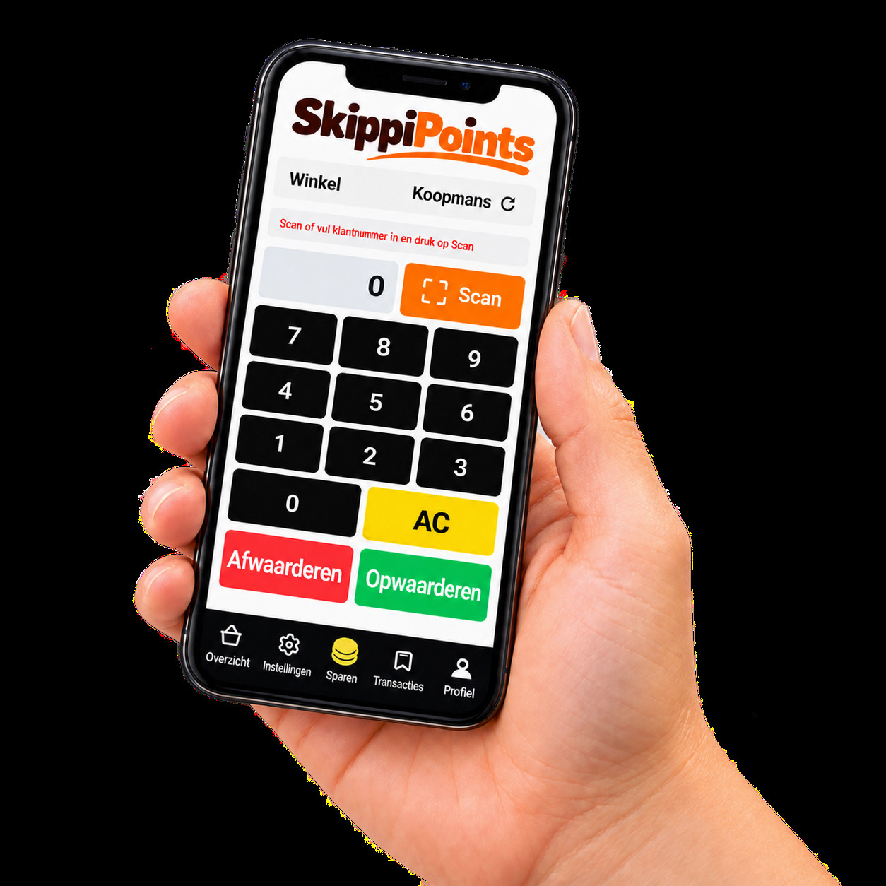 Hand met de SkippiPoints-app om voordeelpunten bij en af te schrijven