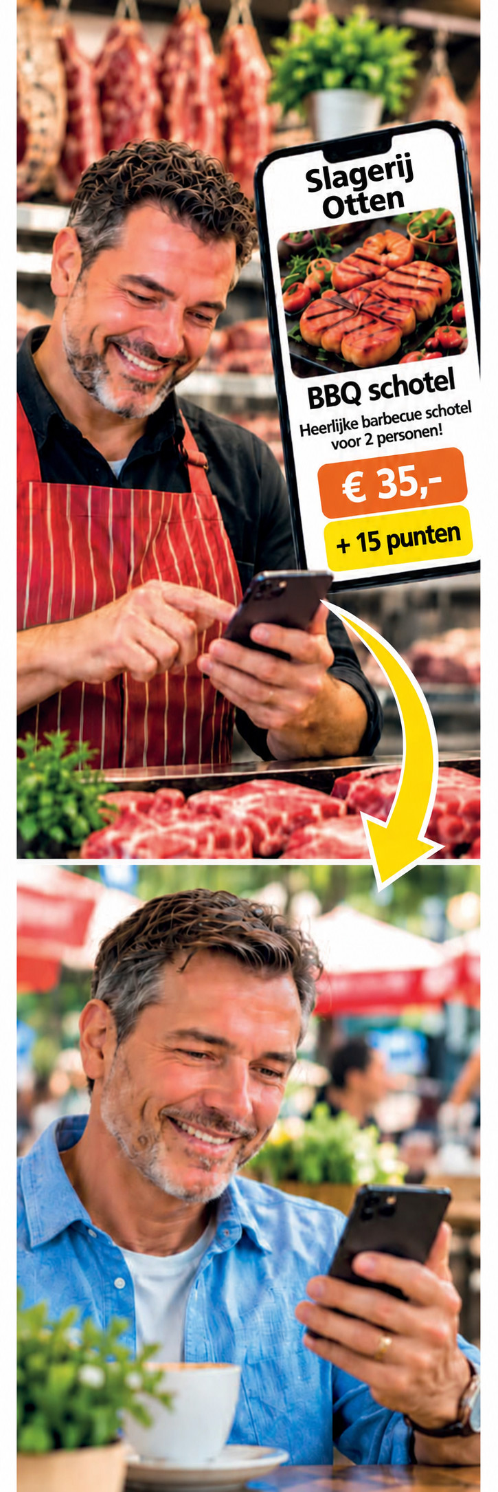 Slagerij Otten verstuurt een aanbieding en een klant ontvangt die op zijn smartphone